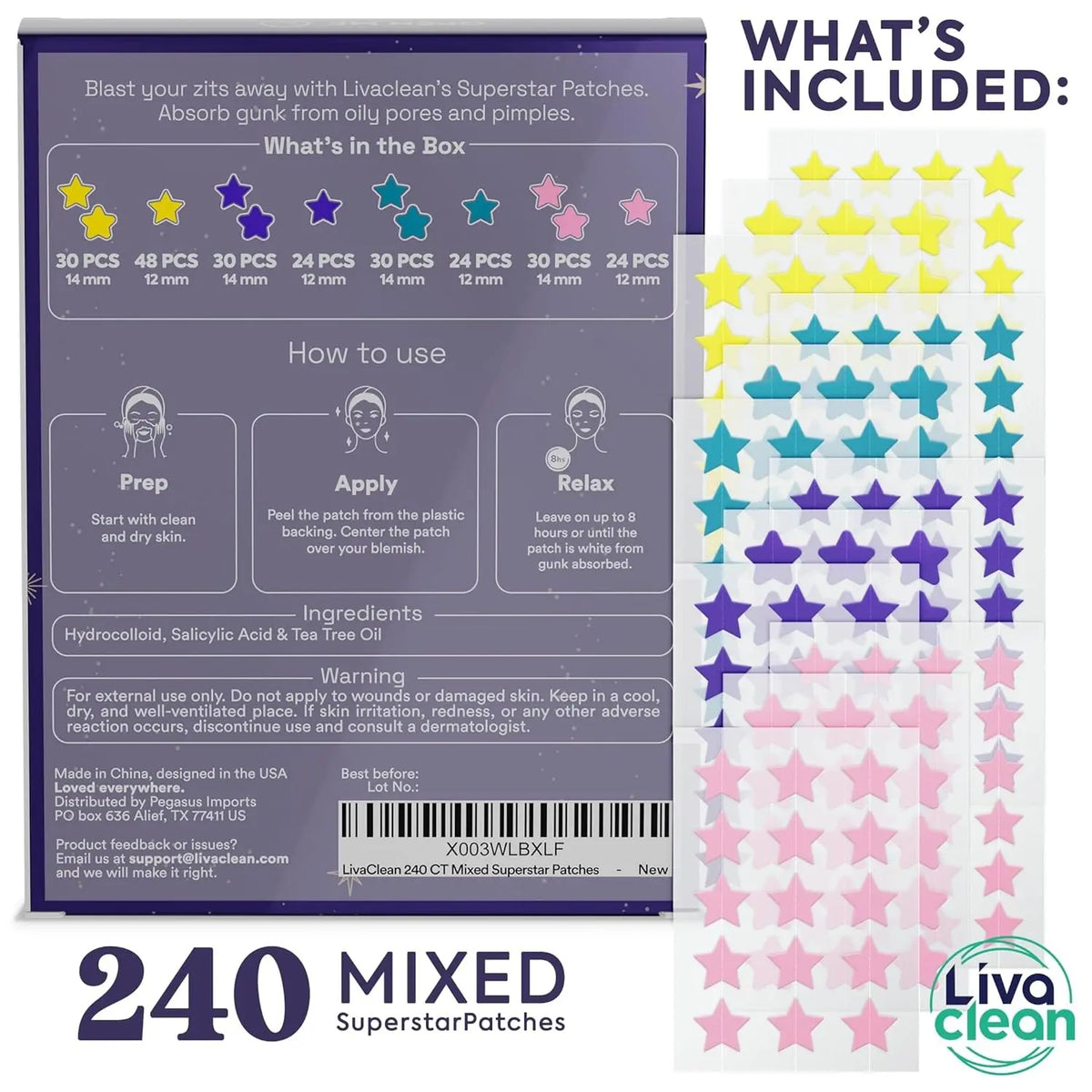 Livaclean Star Hydrocolloid Acne Pimple Patches (240 CT) - Salicylic Acid, Tea Tree Oil, Sweatproof, Long Lasting, Blemish Treatment, Dark Spot Fading, Skin Repair, 24 Months Shelf Life, for Daily Facial Routine, All Skin Types