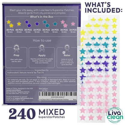 Livaclean Star Hydrocolloid Acne Pimple Patches (240 CT) - Salicylic Acid, Tea Tree Oil, Sweatproof, Long Lasting, Blemish Treatment, Dark Spot Fading, Skin Repair, 24 Months Shelf Life, for Daily Facial Routine, All Skin Types