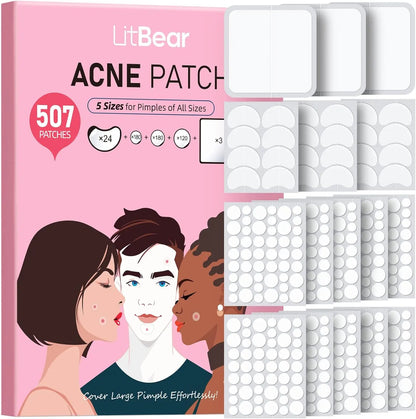 Litbear Pimple Patch, 507 Patches 5 Sizes Large Pimple Patches, Largepatch Hydrocolloid Bandages, Zit Stickers for Forehead, Body, Nose, Back, and Chest Zitsticker Pack