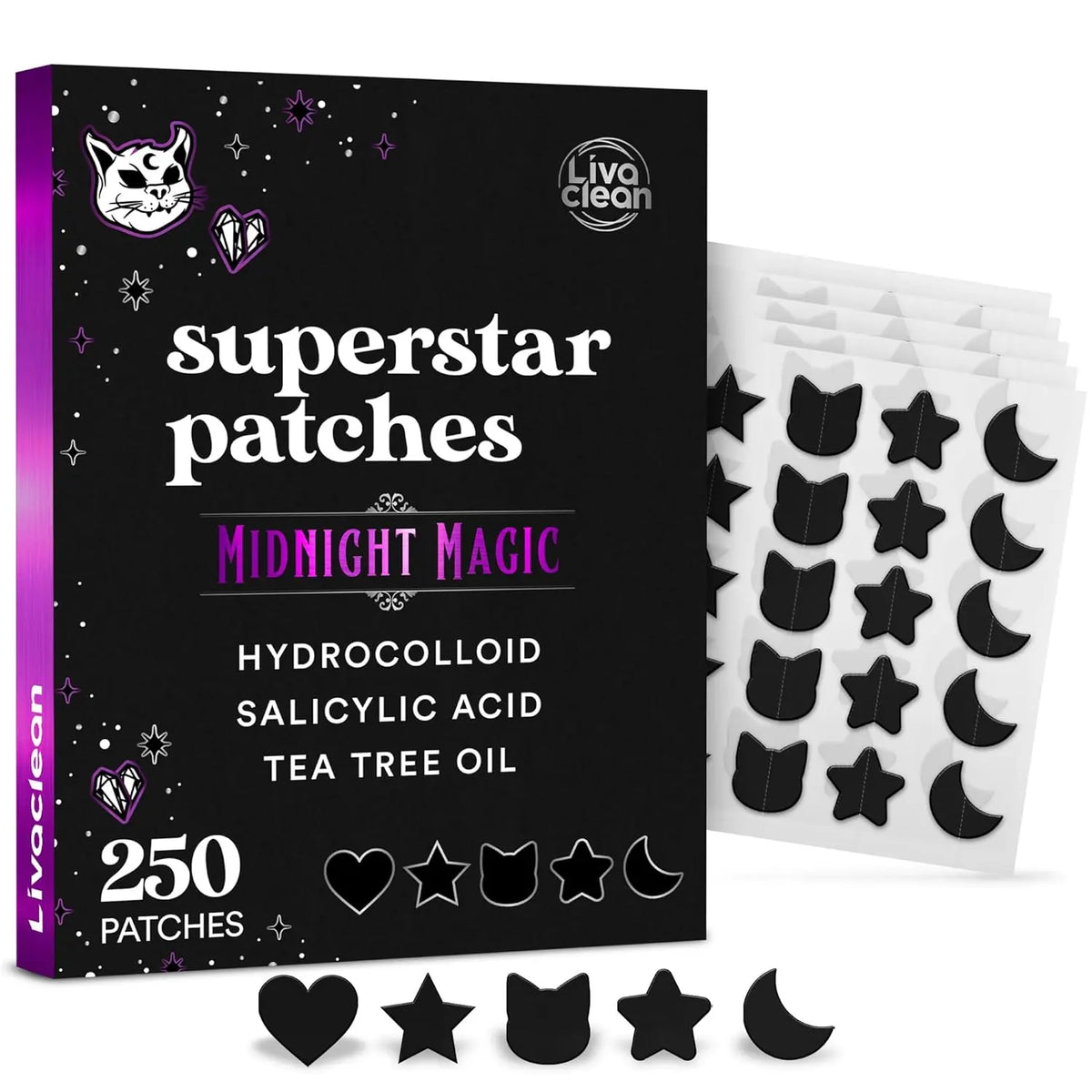 250CT Pimple Patches Midnight Magic Black Star with Salicylic Acid & Tea Tree Oil, Cute Acne Patches for Face, Skincare Blemish Zit Spot Treatment Clear Daily Pimple Patches, Dark Spots Treatment