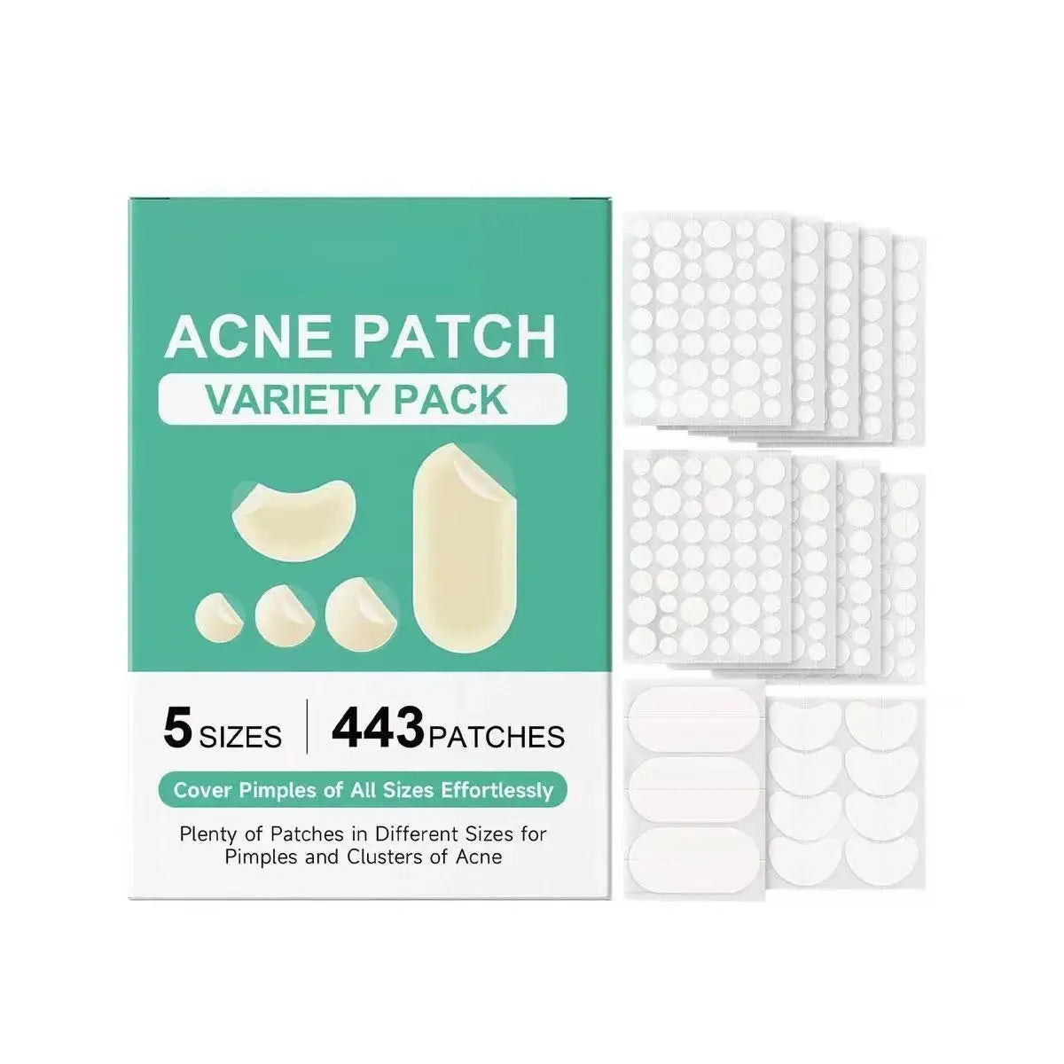 Large Pimple Patches for Face, 5Sizes XL Acne Patches, Big Hydrocolloid Bandages for Body, Chin, Forehead, Chest, Back Zit Breakouts, Hydrocolloid Patch (Strip, Square, Dot 443 Count)