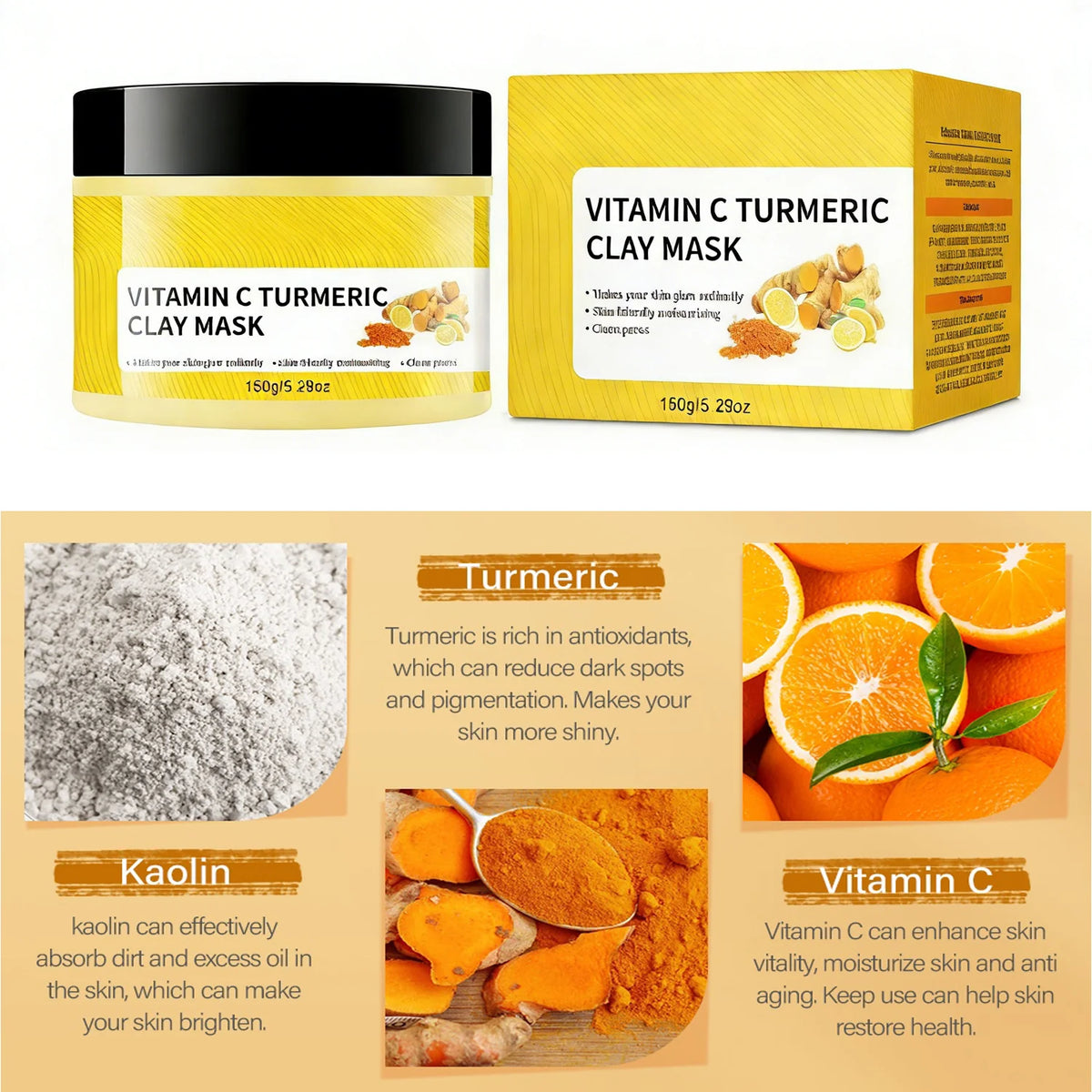 Turmeric Vitamin C Clay Mask with Kaolin Clay for Dull & Blemish-Prone Skin, Deep Cleansing Facial Mask for Controlling Oil and Refining Pores