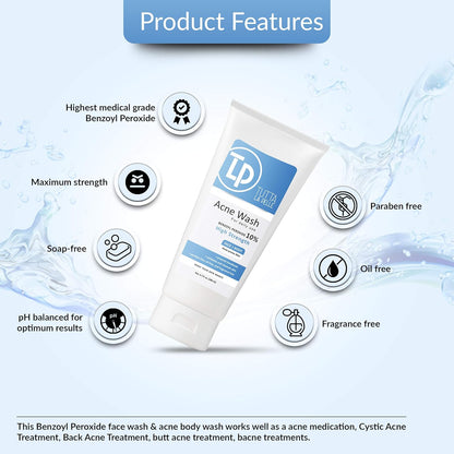 Benzoyl Peroxide Body Wash 10% - Acne Face Wash & Acne Body Wash - Butt Acne Treatment & Back Acne Treatment - Highest Grade Medical Facial Cleanser, Maximum Strength Acne Wash 6.7 Oz