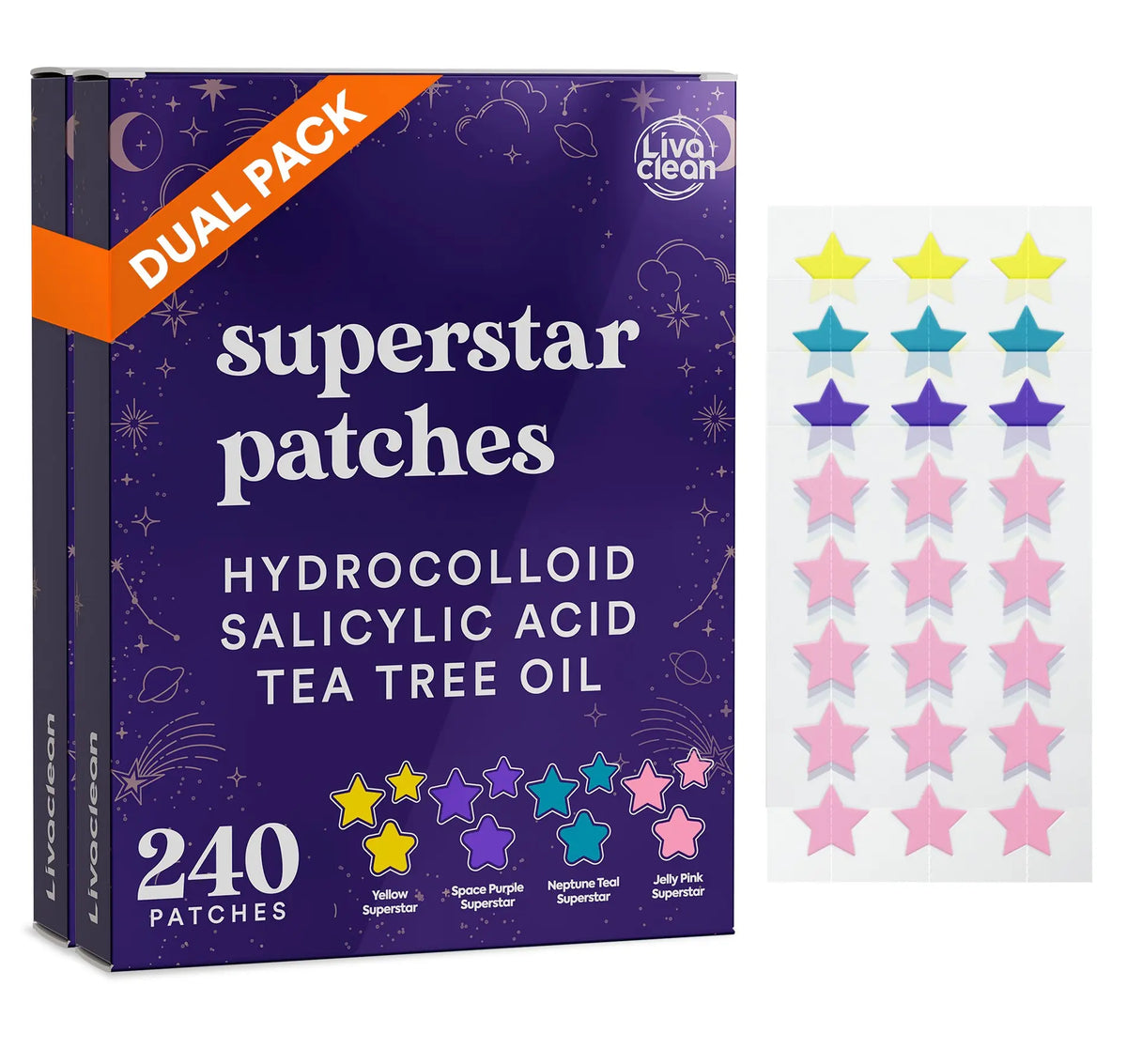 Livaclean 480 CT (2-Pack of 240) Superstar Hydrocolloid Pimple Patches with Salicylic Acid & Tea Tree, Hypoallergenic Soothing Acne Spot Cover for All Skin Types, Daily Gentle Skincare