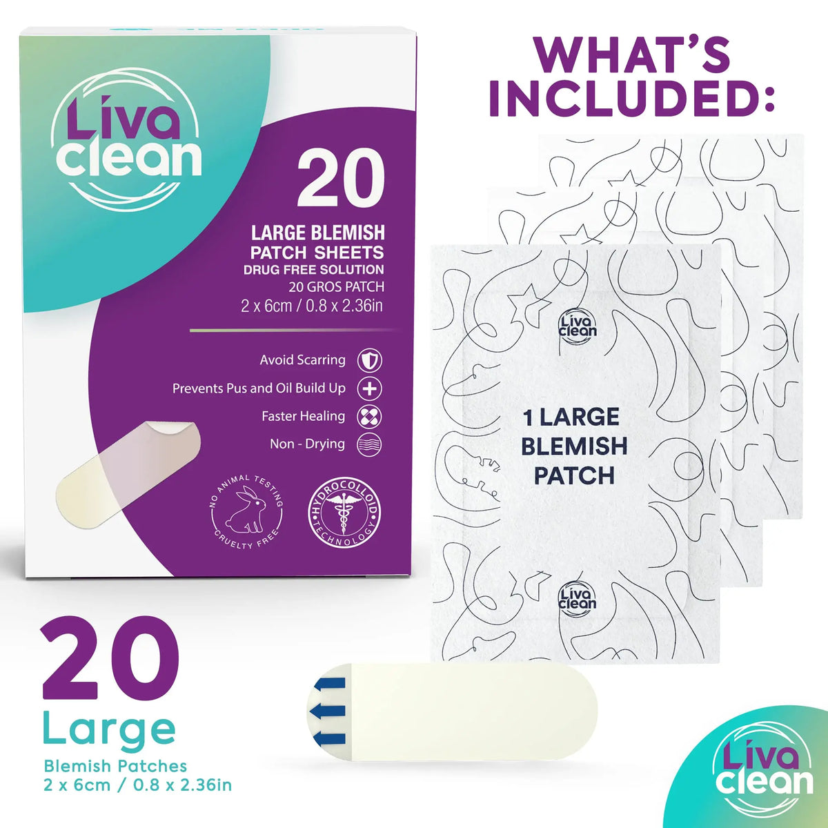 Livaclean Large Hydrocolloid Acne Patches (20 CT) - Made for Nose & Face Acne, Covers Cystic Pimples, Zits, Blemishes, Pore Spots, XL Surface Area for Skin Repair & Skincare Bandages Strips Stickers