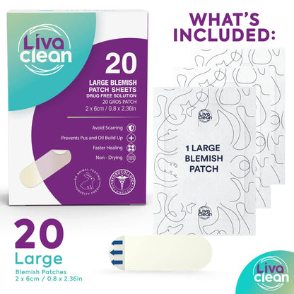 Livaclean Large Hydrocolloid Acne Patches (20 CT) - Made for Nose & Face Acne, Covers Cystic Pimples, Zits, Blemishes, Pore Spots, XL Surface Area for Skin Repair & Skincare Bandages Strips Stickers