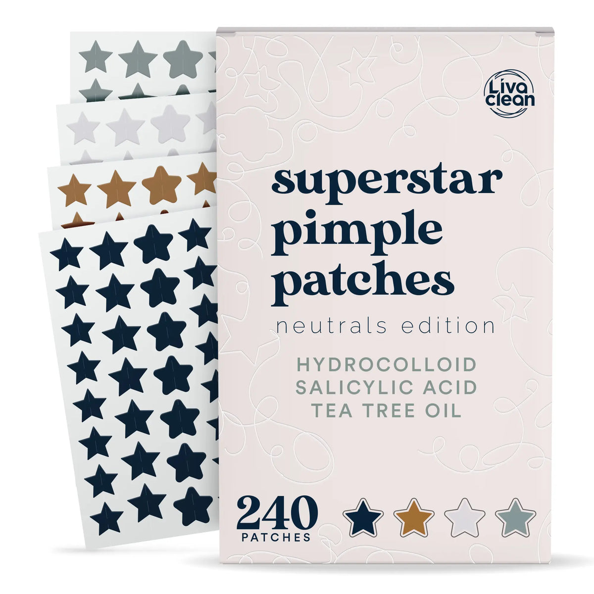 Livaclean Neutrals Hydrocolloid Pimple Patches - 240Ct Multi-Pack Star Patch with Salicylic Acid & Tea Tree Oil, Oily Skin Acne Clearing Solution, Clogged Pores Remover, Long Lasting Hyperpigmentation & Red Mark Treatment