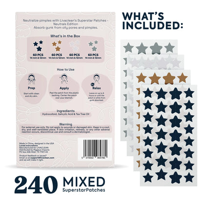 Livaclean Neutrals Hydrocolloid Pimple Patches - 240Ct Multi-Pack Star Patch with Salicylic Acid & Tea Tree Oil, Oily Skin Acne Clearing Solution, Clogged Pores Remover, Long Lasting Hyperpigmentation & Red Mark Treatment