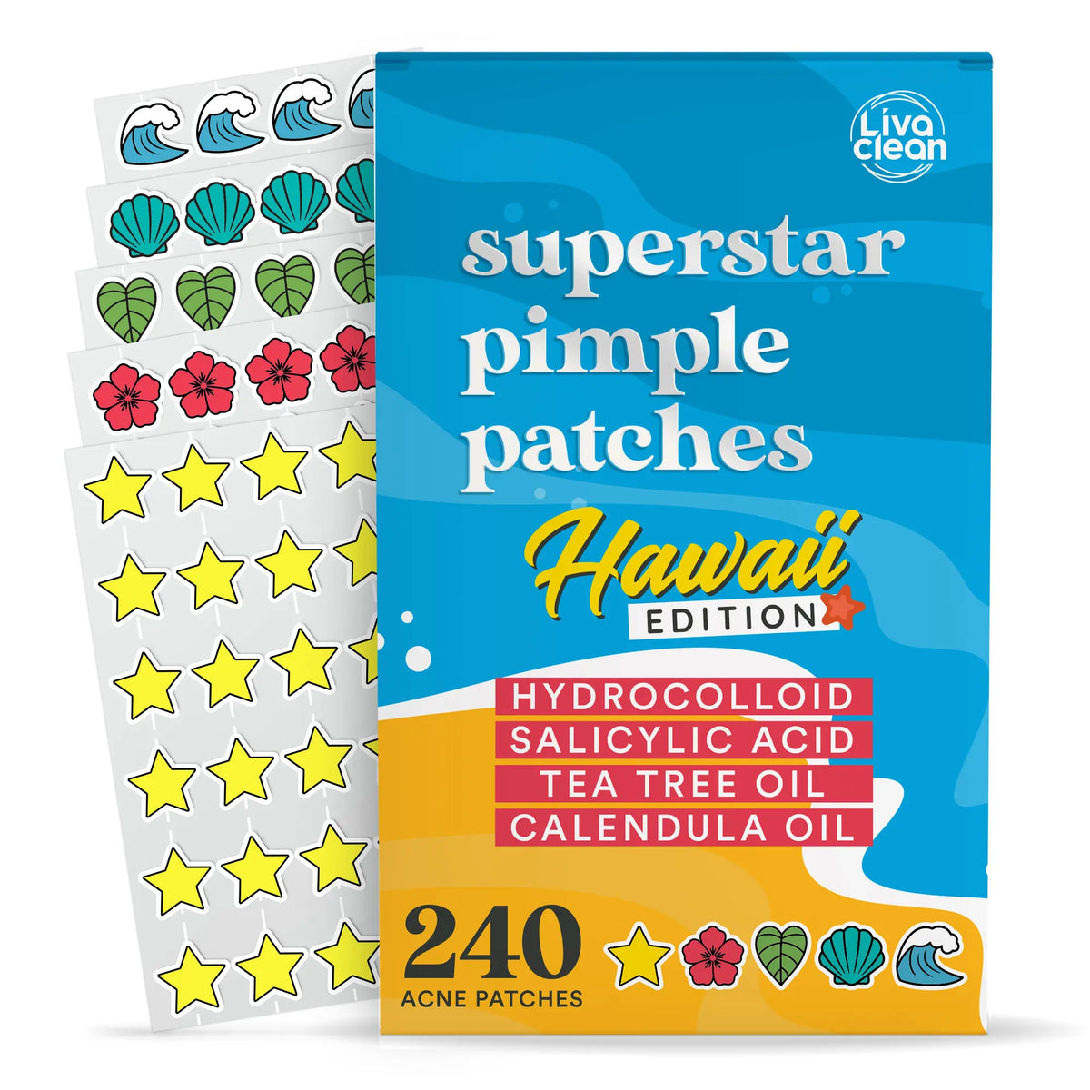 Livaclean 240 CT Hydrocolloid Blemish Patch Set - Star & Beach Shapes, Salicylic Acid, Tea Tree, Calendula Oils, Flawless Long-Lasting Acne Clearing Products for Youth, All Skin Types, Face Repair, Daily Use