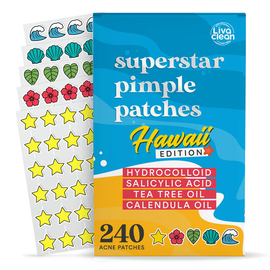 Livaclean 240 CT Hydrocolloid Blemish Patch Set - Star & Beach Shapes, Salicylic Acid, Tea Tree, Calendula Oils, Flawless Long-Lasting Acne Clearing Products for Youth, All Skin Types, Face Repair, Daily Use