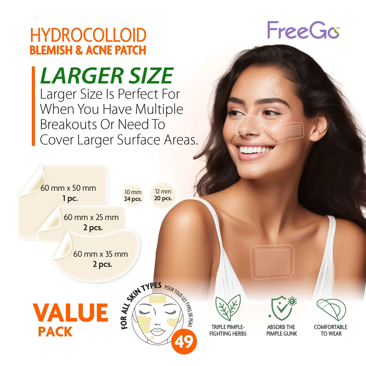 Freego Hydrocolloid Acne Patches for the Face, Large Pimple Patches for Skin Repair, Breakouts, Zit, Blemish Spot, Skincare, Korean Pimple Patches.