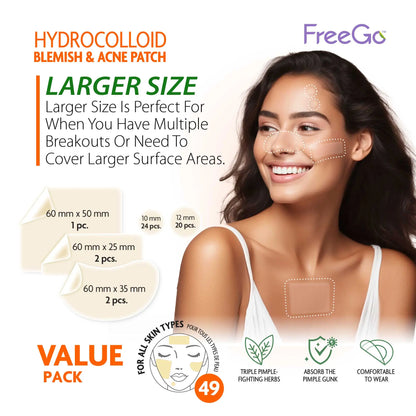 Freego Hydrocolloid Acne Patches for the Face, Large Pimple Patches for Skin Repair, Breakouts, Zit, Blemish Spot, Skincare, Korean Pimple Patches.
