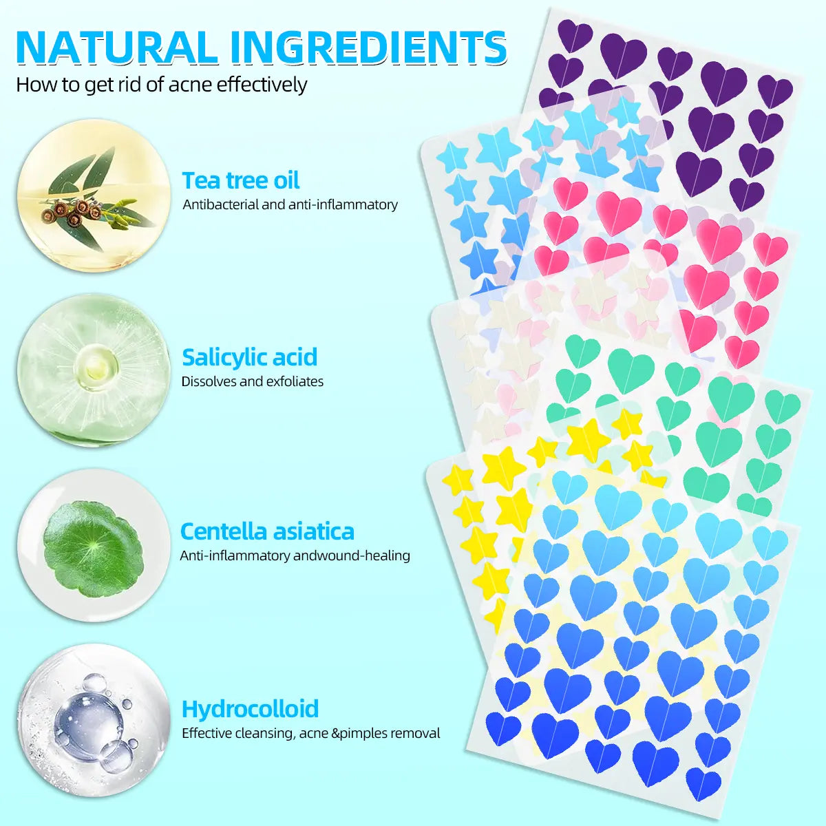 Pimple Patches for Face, Hydrocolloid Acne Patches, Cute round Shape Zit Covers, Spot Stickers with Tea Tree, Salicylic Acid & Cica Oil| ,2 Style 216 Count Heart Pimple Patches& 240 Count Pimple Patches Skincare Clear