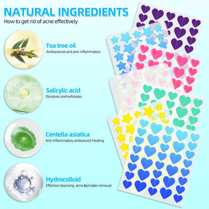 Pimple Patches for Face, Hydrocolloid Acne Patches, Cute round Shape Zit Covers, Spot Stickers with Tea Tree, Salicylic Acid & Cica Oil| ,2 Style 216 Count Heart Pimple Patches& 240 Count Pimple Patches Skincare Clear