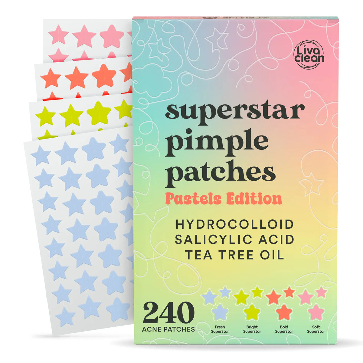 Livaclean 240Ct Pastel Color Palette Hydrocolloid Pimple Patches Box - 24-Month Shelf Life, Adhesive Exfoliating Facial Spot Treatment with Salicylic Acid, Tea Tree Oil to Soothe Redness, Reduce Acne, Soften Rough Skin