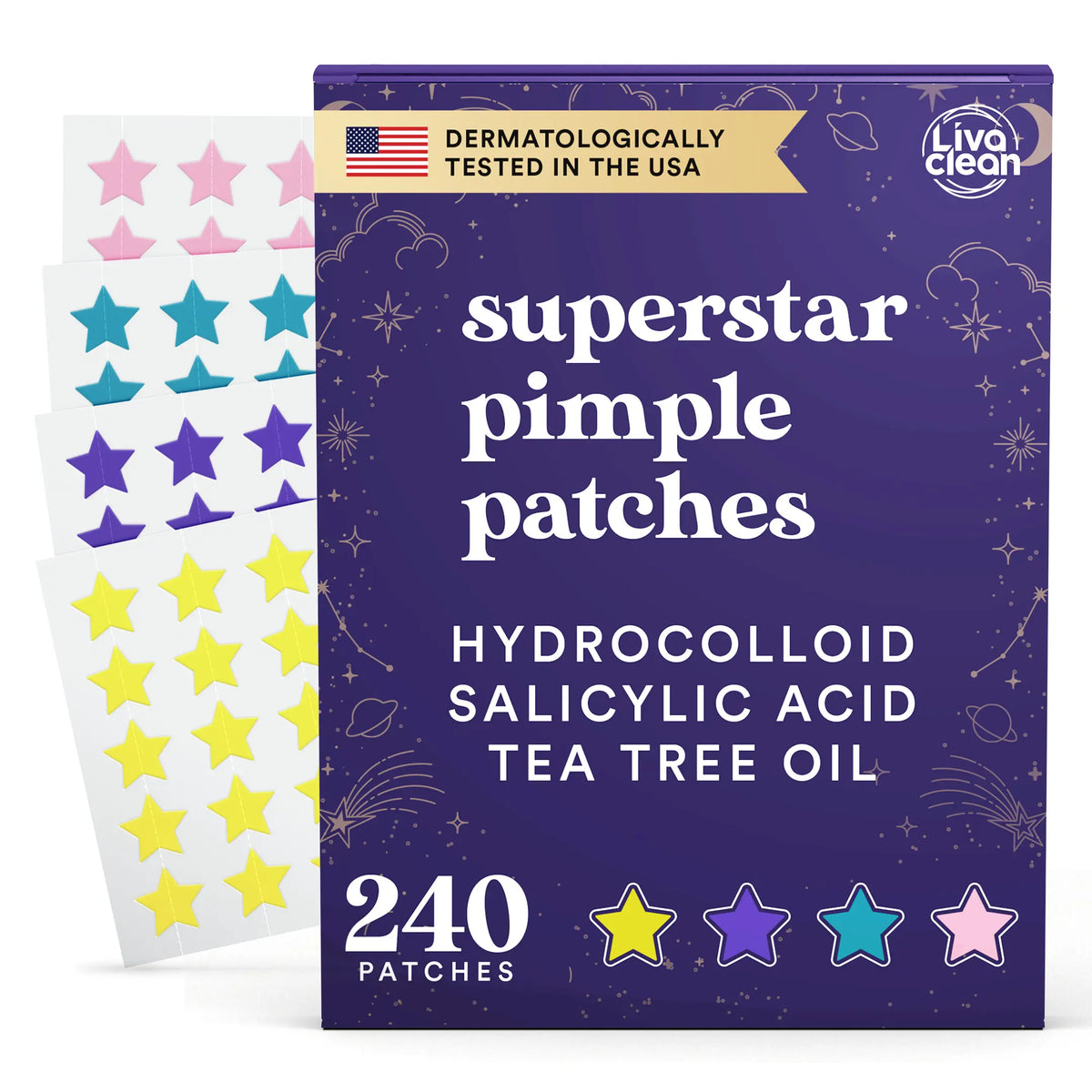 Livaclean Star Hydrocolloid Acne Pimple Patches (240 CT) - Salicylic Acid, Tea Tree Oil, Sweatproof, Long Lasting, Blemish Treatment, Dark Spot Fading, Skin Repair, 24 Months Shelf Life, for Daily Facial Routine, All Skin Types