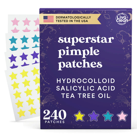 Livaclean Star Hydrocolloid Acne Pimple Patches (240 CT) - Salicylic Acid, Tea Tree Oil, Sweatproof, Long Lasting, Blemish Treatment, Dark Spot Fading, Skin Repair, 24 Months Shelf Life, for Daily Facial Routine, All Skin Types