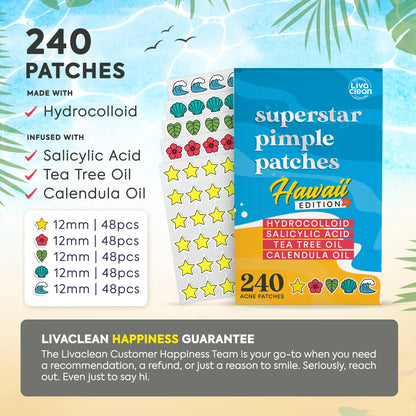 Livaclean 240 CT Hydrocolloid Blemish Patch Set - Star & Beach Shapes, Salicylic Acid, Tea Tree, Calendula Oils, Flawless Long-Lasting Acne Clearing Products for Youth, All Skin Types, Face Repair, Daily Use