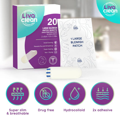 Livaclean Large Hydrocolloid Acne Patches (20 CT) - Made for Nose & Face Acne, Covers Cystic Pimples, Zits, Blemishes, Pore Spots, XL Surface Area for Skin Repair & Skincare Bandages Strips Stickers
