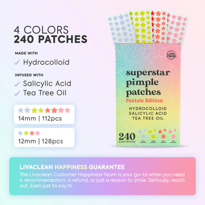 Livaclean 240Ct Pastel Color Palette Hydrocolloid Pimple Patches Box - 24-Month Shelf Life, Adhesive Exfoliating Facial Spot Treatment with Salicylic Acid, Tea Tree Oil to Soothe Redness, Reduce Acne, Soften Rough Skin