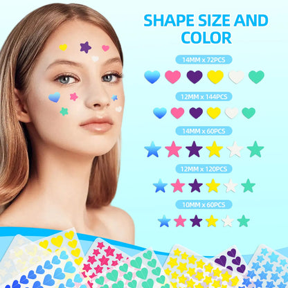 Pimple Patches for Face, Hydrocolloid Acne Patches, Cute round Shape Zit Covers, Spot Stickers with Tea Tree, Salicylic Acid & Cica Oil| ,2 Style 216 Count Heart Pimple Patches& 240 Count Pimple Patches Skincare Clear