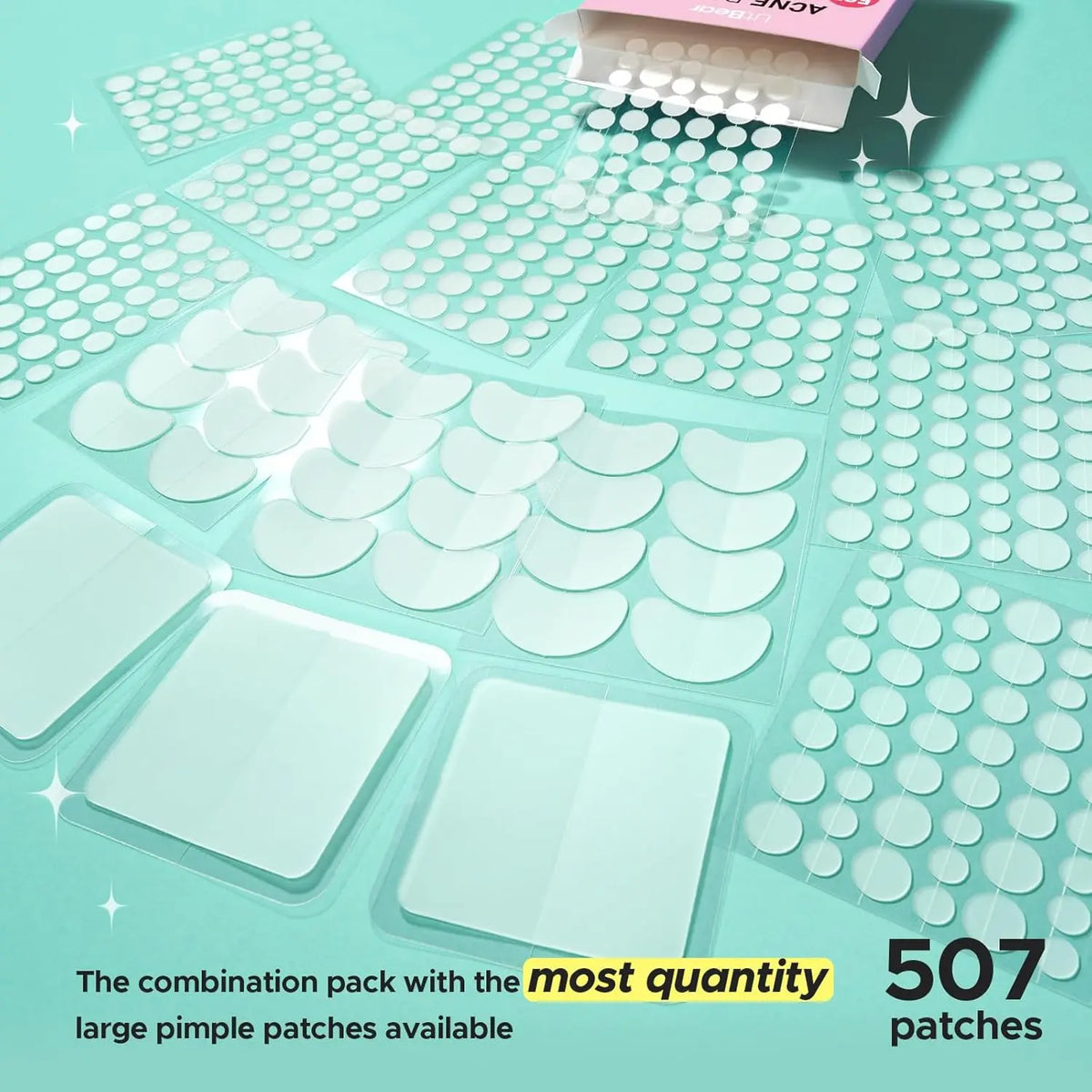 Litbear Pimple Patch, 507 Patches 5 Sizes Large Pimple Patches, Largepatch Hydrocolloid Bandages, Zit Stickers for Forehead, Body, Nose, Back, and Chest Zitsticker Pack